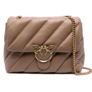 New Pinko Large Puff Leather Shoulder Bag In Taupe